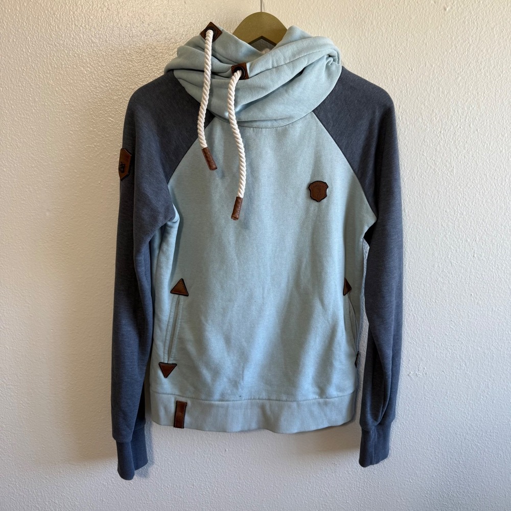 Naketano Size Large Turquoise Blue Gray Colorblock Pullover Hoodie Colorful